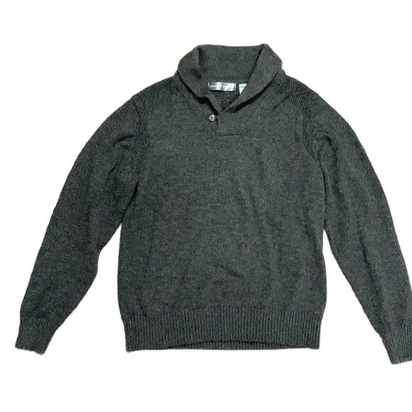 Oscar De La Renta Black Gray Marled Cotton Shawl Collared Sweater Size L - Picture 1 of 10